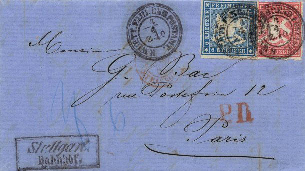Brief von Stuttgart nach Paris vom 4. April 1866 mit Bahnhofstempel links unten: „Stuttgart / Bahnhof.“ Die Marken wurden mit dem Bahnpoststempel "K.WÜRTT.FAHREND.POSTAMT." im Bahnpostwagen entwertet. Brief von Stuttgart nach Paris vom 4. April 1866 mit Bahnhofstempel links unten: „Stuttgart / Bahnhof.“ Die Marken wurden mit dem Bahnpoststempel "K.WÜRTT.FAHREND.POSTAMT." im Bahnpostwagen entwertet.